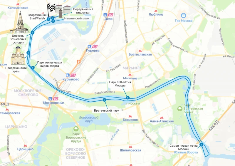 Карта маршрута Самостоятельная водная прогулка на катере по Москве