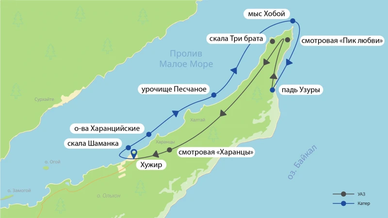 Карта маршрута Экскурсия на катере к мысу Хобой и обратным возвращением на УАЗике