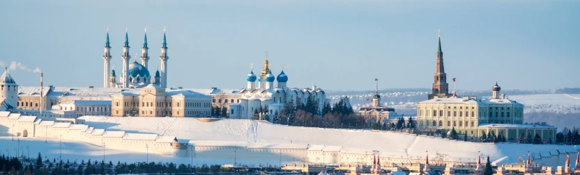 Прекрасный вид на город с храмами зимой