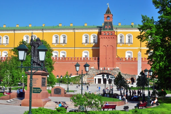 MOSCOW, RUSSIA - MAY 17: People walking in Alexander garden near Moscow Kremlin on May 17, 2015. Moscow is the capital and largest city of Russia. 