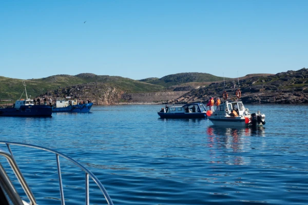 Туристы на корабле в Баренцевом море у берегов Териберки в ожидании китов