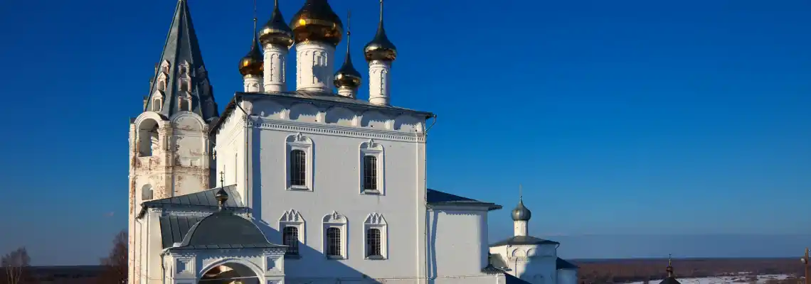 Trinity Cathedral (build in 1681-1689) at Holy Trinity Monastery of St. Nicholas monastery at Gorokhovets in winter. Russia