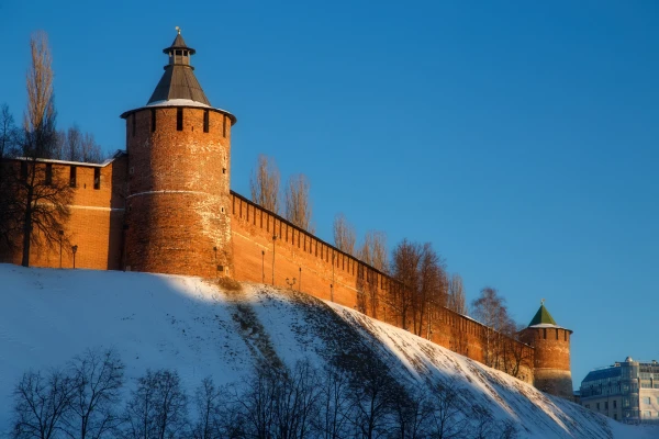 Kremlin wall in Nizhny Novgorod city in Russia at winter sunset