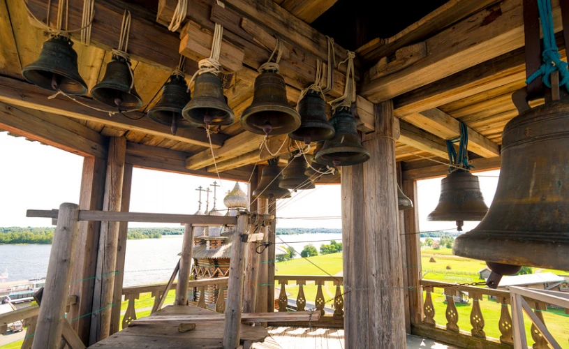 Панорама острова Кижи с колокольни в Погосте, остров Кижи, Онежское озеро, Карелия