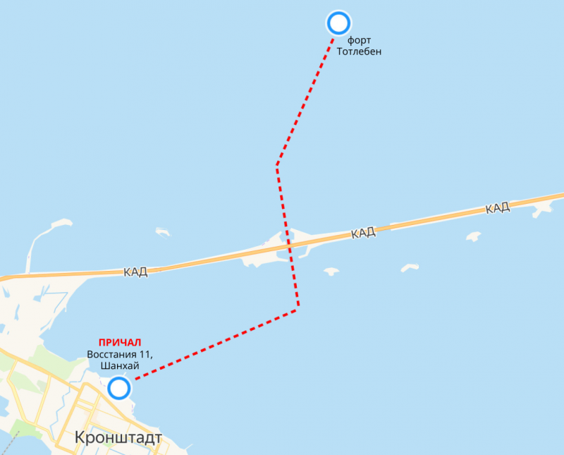 Карта маршрута Зимняя поездка из Кронштадта на форт Тотлебен на аэролодке с экскурсией