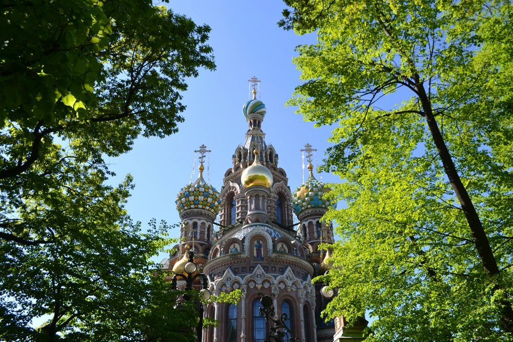 Санкт-Петербург, собор Спаса-на-Крови в обрамлении зелёных листьев