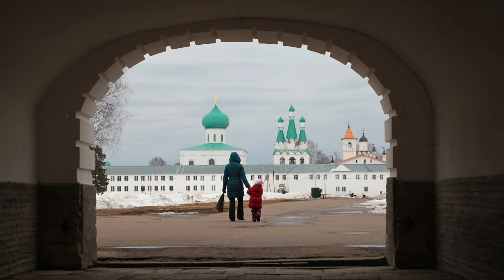 Alexander-Svirsky Orthodox monastery in winter, the town of Lodeynoye Pole, north of Russia