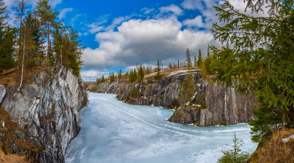 Russia. Karelia. Panorama of Ruskeala in winter. Journey through Karelia. Marble canyon in winter.