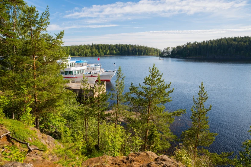 Cruise ships are in the bay of the famous island of Valaam. Karelia, north of Russia.
