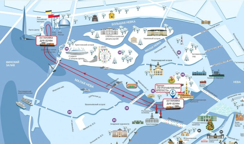 Карта маршрута Зимняя прогулка в Санкт-Петербурге на судне на воздушной подушке
