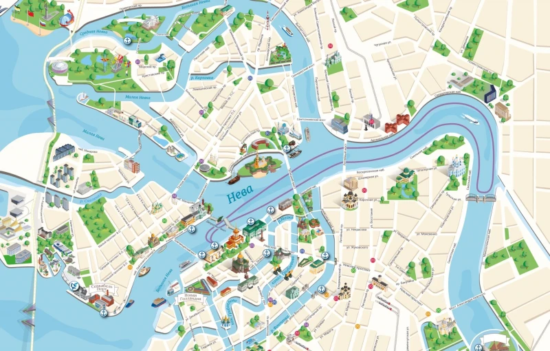 Карта маршрута Водная прогулка по Неве на двухпалубном теплоходе с аудиогидом