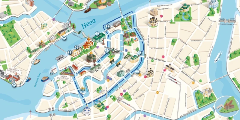 Карта маршрута Одна из самых популярных экскурсий по рекам и каналам Санкт-Петербурга