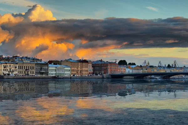 Evening panorama of the promenade des Anglais and Blagoveshchensky bridge in St. Petersburg
