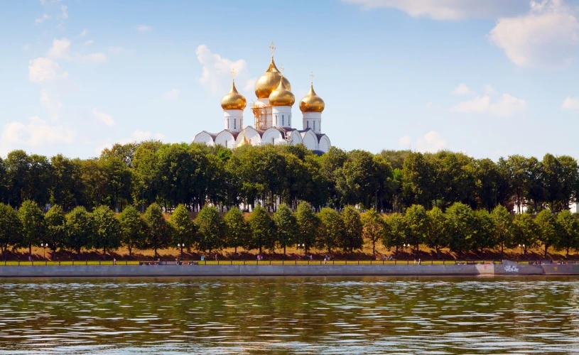 Assumption Cathedral in Yaroslavl from Volga in the summer. Russia   