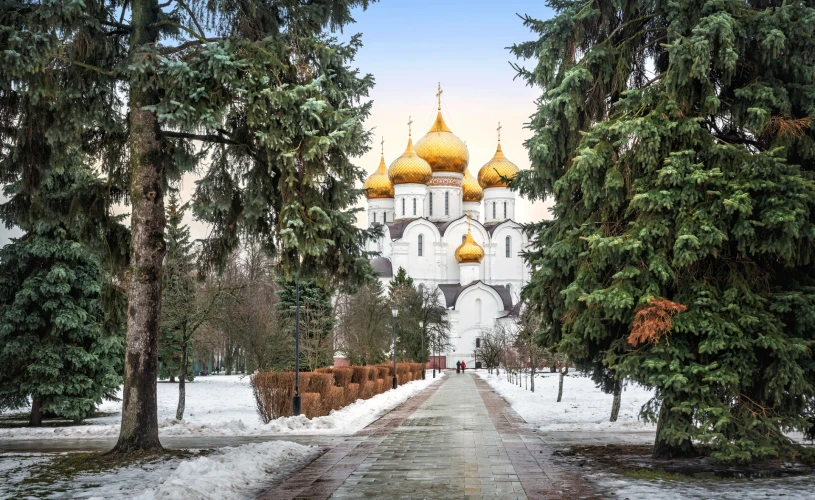 Golden-headed Assumption Cathedral in Yaroslavl among green fir trees on a cloudy winter day