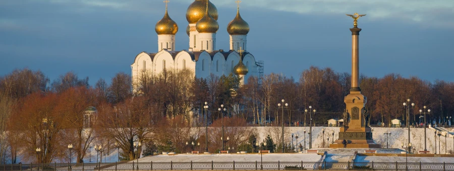 YAROSLAVL, RUSSIA - JANUARY 01, 2020: View of the Assumption Cathedral and the monument in honor of the millennium of Yaroslavl on a January day. Golden Ring of Russia