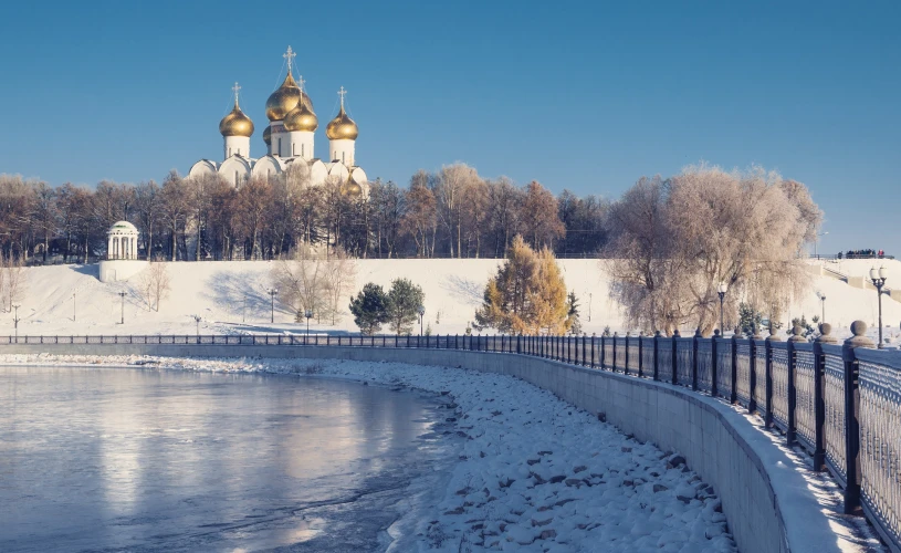 Assumption Cathedral in Yaroslavl winter on waterfront. Russian landmark