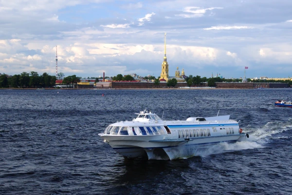 Ship for sailing on the background of the historical center of St. Petersburg Russia